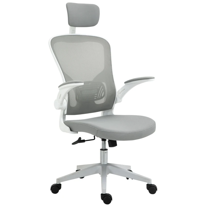 Vinsetto Silla de Oficina de Malla Silla Escritorio Giratoria con Altura Ajustable Reposabrazos Plegable Reposacabezas y Soporte Lumbar Regulables 65x64x114-122 cm Gris