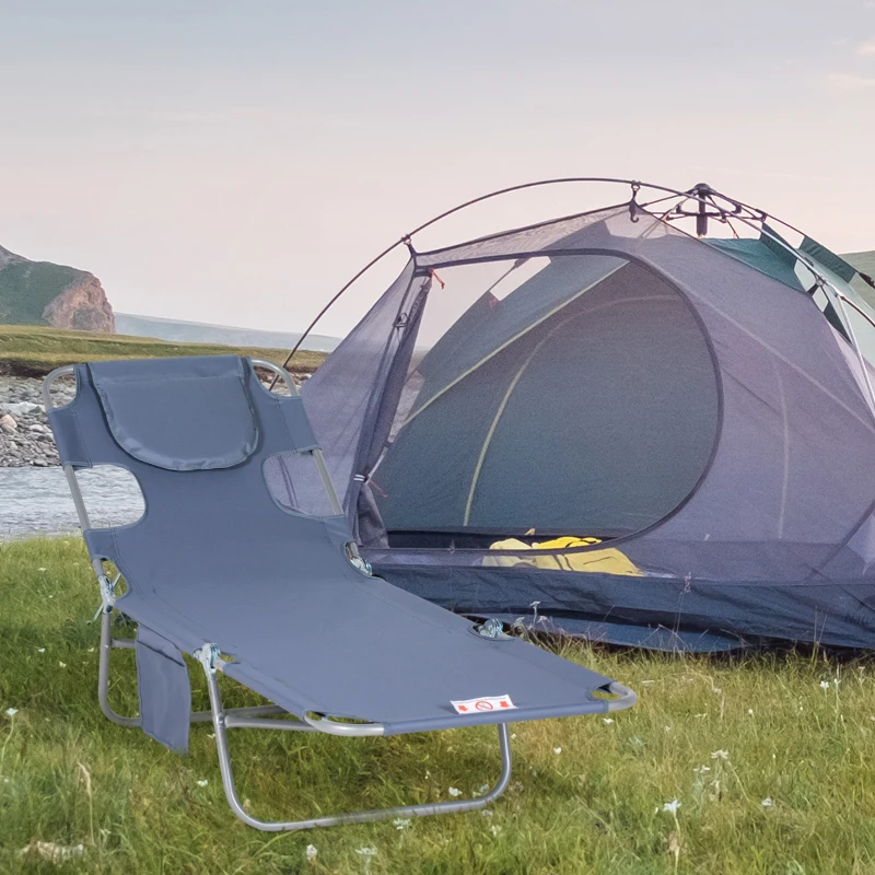 Outsunny Chaise Longue de Jardin, Chaise Longue avec Ouverture Faciale Rembourrée, Chaise Longue de Massage pour l'extérieur, Poche Latérale, Tissu, Métal, Gris