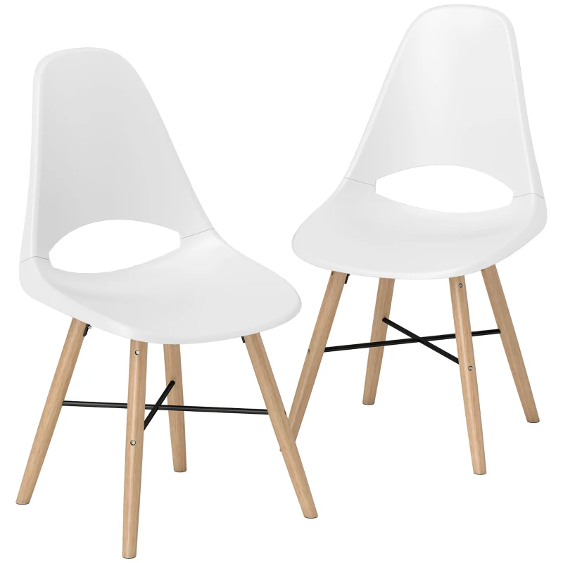 HOMCOM Set de 2 Chaises de Salle à Manger en Plastique et Bois Style Nordique avec Dossier Courbé, Blanc