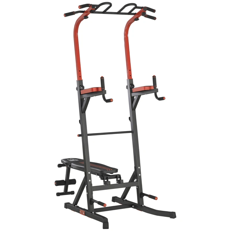 HOMCOM Estación de Musculación Torre de Entrenamiento con Altura Ajustable y Respaldo Regulable en 5 Posiciones Barra de Dominadas Fitness Flexiones Acero 108x178x202-238 cm Negro
