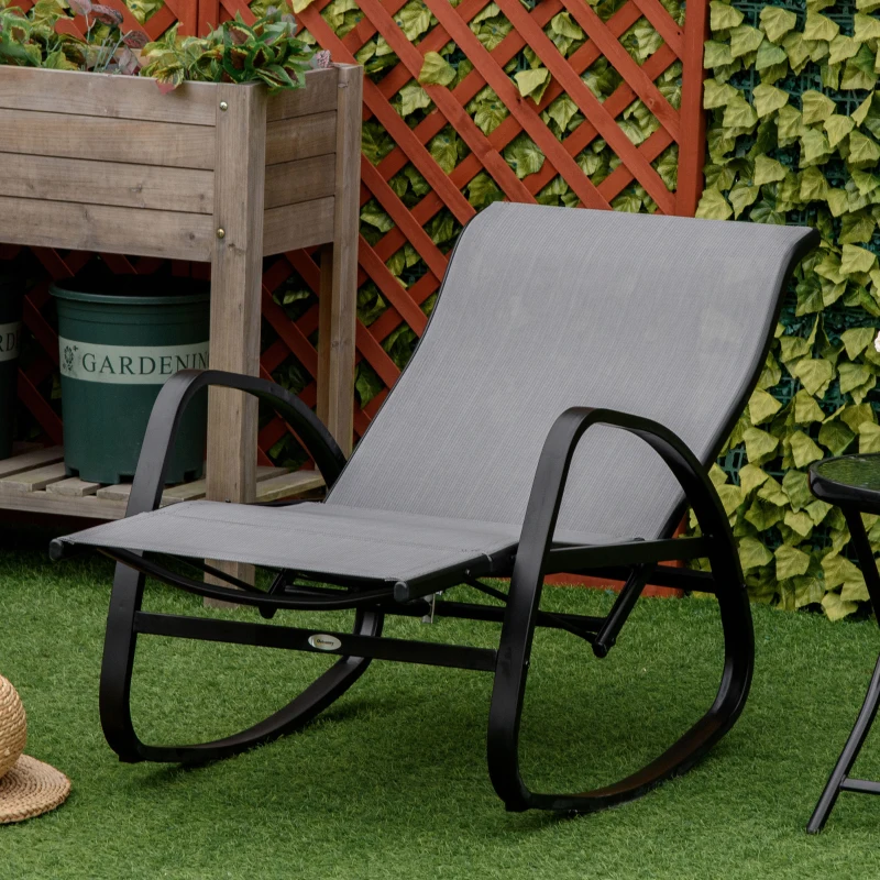 Outsunny Fauteuil à Bascule Transat avec Dossier Repose-Pieds Ajustable Chaise Longue de Jardin Balancelle jusqu'à 160 kg Texteline Gris 90 x 64 x 96,5 cm