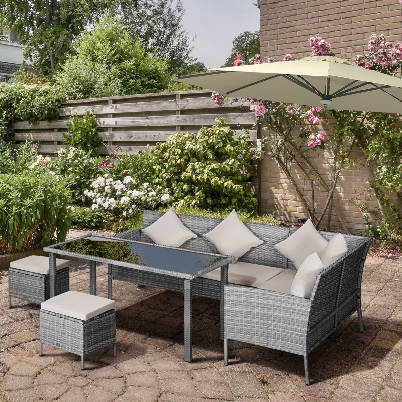 Outsunny 6-Seater Rattan Dining Set Sofa Table Footstool Outdoor w/ Cushion Garden Furniture