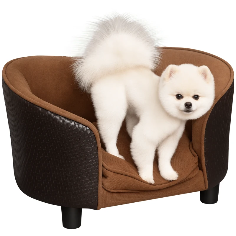 PawHut Hundesofa mit Kissen, Hundecouch, Haustiersofa, Hundematte, Hundebett, Wildlederimitat, Braun, 70 x 48 x 40 cm