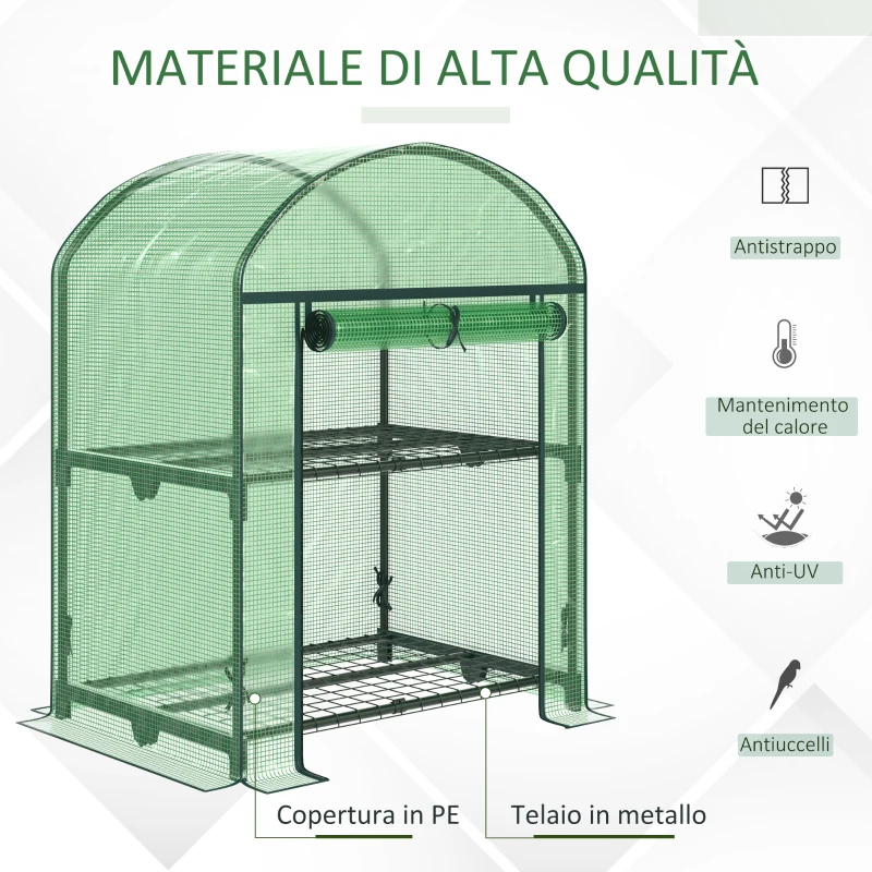 Outsunny Mini Serra da Giardino con 2 Ripiani in Metallo e Copertura in PE, 69x49x92cm, Verde