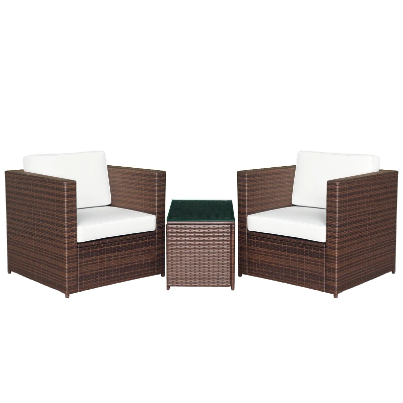 Outsunny Set Mobili da Giardino Rattan PE da 3 Pezzi, 2 Poltrone da Esterno, Tavolino e Cuscini, Marrone