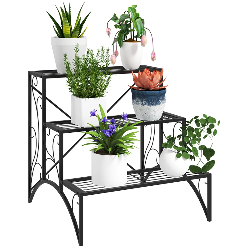 Outsunny Etagère à Plantes à 3 Niveaux en Forme d'Échelle pour Intérieur et Extérieur en Métal, 60x60x60 cm, Noir