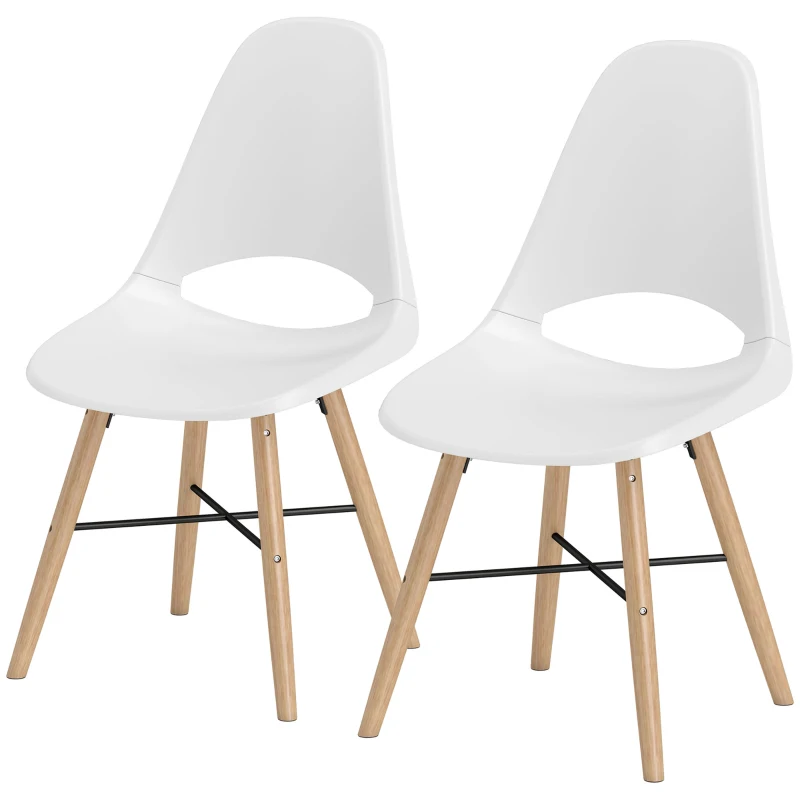 HOMCOM Set de 2 Chaises de Salle à Manger en Plastique et Bois Style Nordique avec Dossier Courbé, Blanc