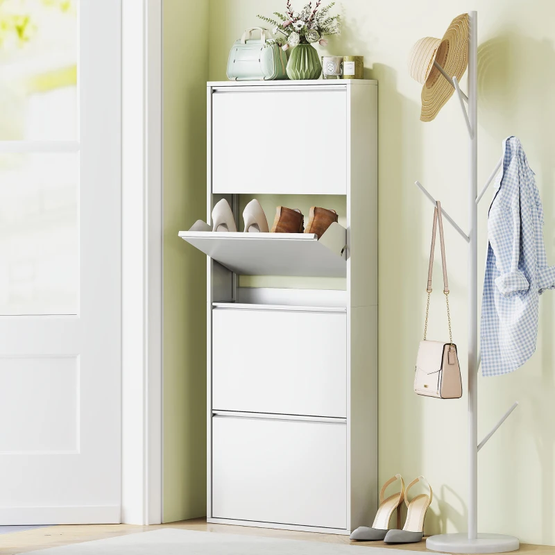 HOMCOM Étagère à chaussures en métal étroite pour jusqu'à 8 paires de chaussures, 4 tiroirs pliables, pour hall et entrée, Blanc