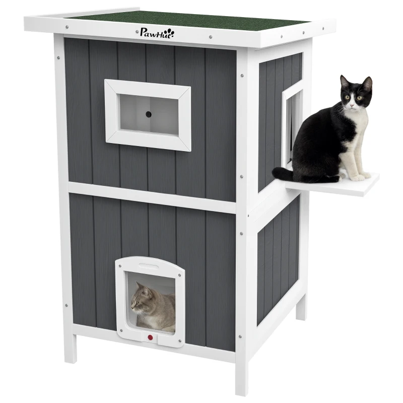 PawHut Cuccia per Gatti da Esterno in Legno a 2 Livelli con Tetto in Asfalto e 4 Porte, 60x60x90.5cm, Grigio