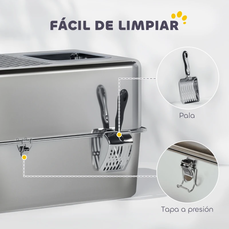 PawHut Arenero para Gatos de Acero Inoxidable XL Arenero con Pala Aberturas Dobles Fácil de limpiar Plata