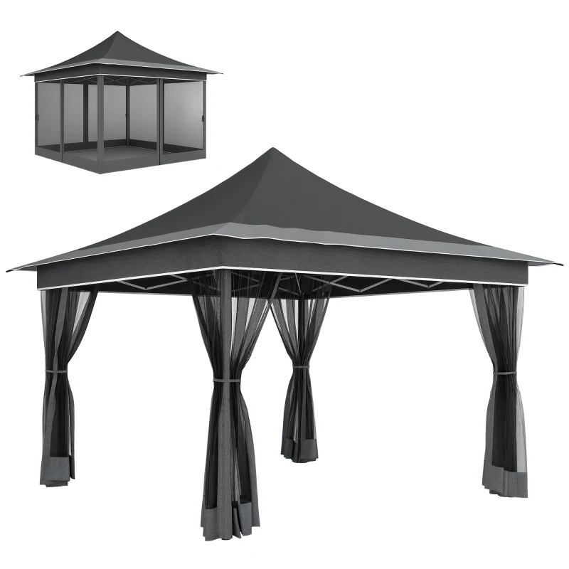 Outsunny Gazebo da Giardino ad Altezza Regolabile con Zanzariera, in Poliestere e Metallo, 357x357x310 cm, Grigio Scuro
