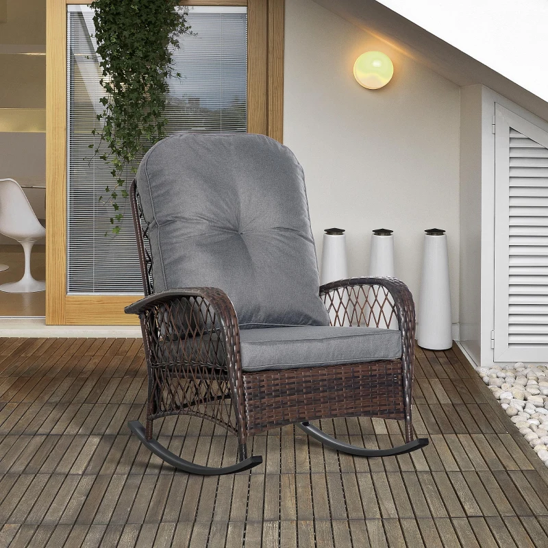 Outsunny Rocking-Chair Rembourré avec Boutonnière Rotin en PE Acier Marron + Gris