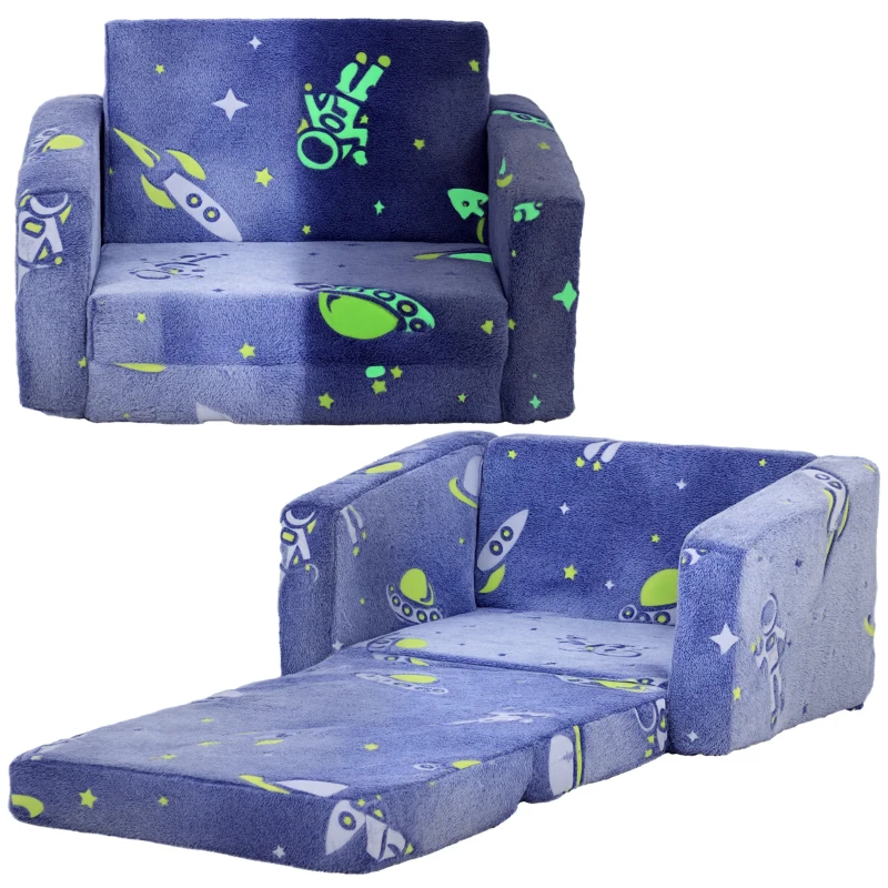 AIYAPLAY Poltrona para Crianças Dobrável e Reclinável Sofá para Crianças Estofado em Tecido Luminoso com Desenho Espacial Azul