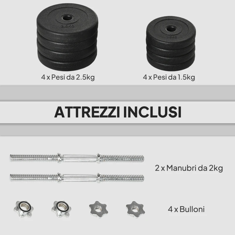 HOMCOM Set Manubri Pesi 20 kg (4x2.5 kg, 4x1.5 kg) con 8 Dischi e 2 Manubri da 2 kg, 43x18x7.5 cm, Nero