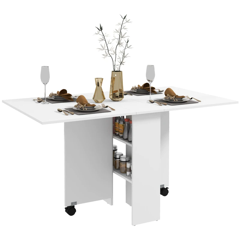HOMCOM Table Pliante Gain de Place à 2 Rabats pour 6 Personnes avec Étagères et Roues, Blanc