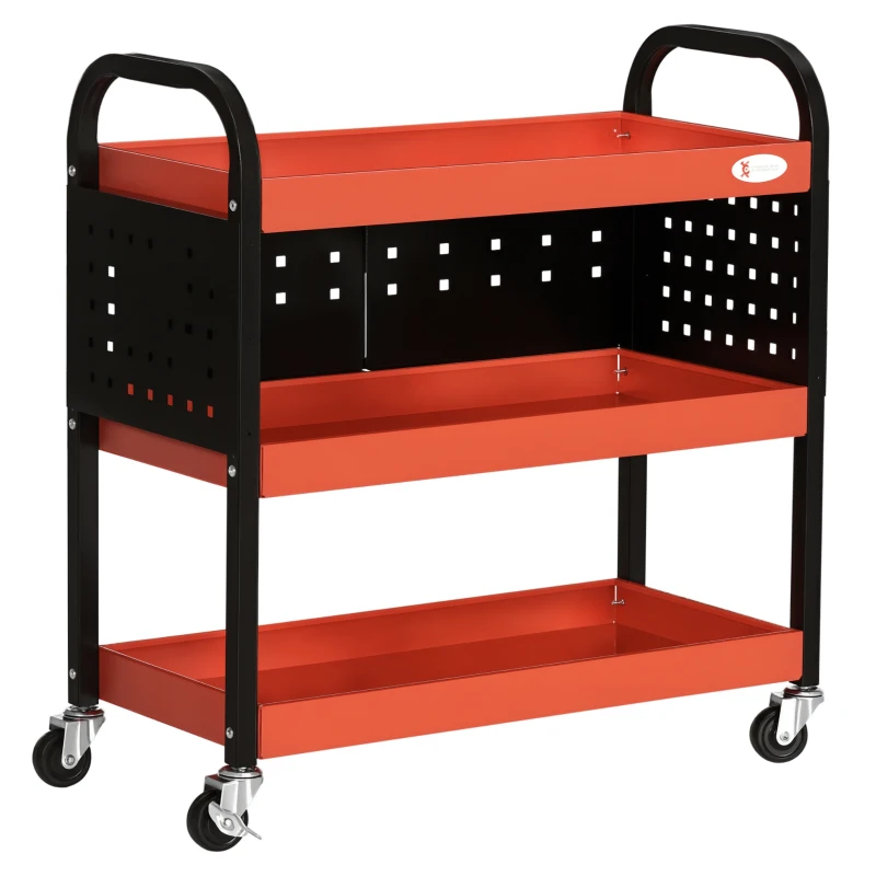 DURHAND Werkzeugwagen, Werkstattwagen, 3 Ablagen, 2 Lochwände, bis 100 kg, Stahl, rot, 75 x 35 x 80cm