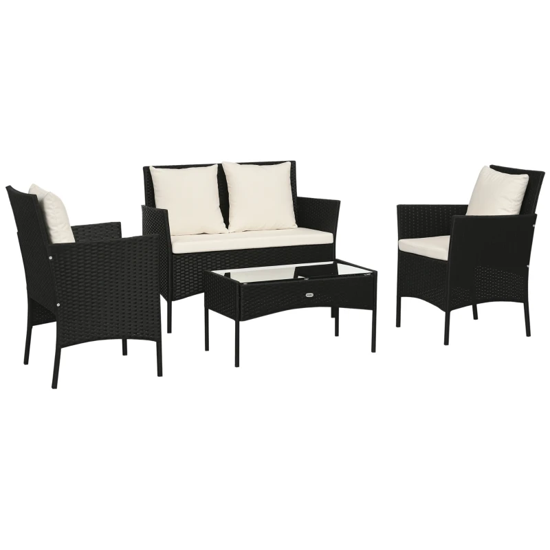 Outsunny Conjunto de Jardim de Vime Sintético com 2 Poltronas 1 Sofá de 2 Lugares 1 Mesa de Centro e Almofadas Preto e Branco