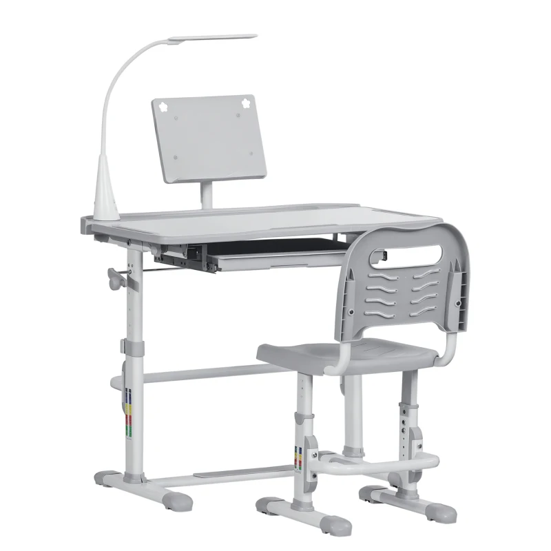 HOMCOM Escritorio y Silla para +6 Años con Altura Ajustable e Inclinable 80x49,5x82-104 cm y 35,5x43,5x63-73 cm Gris