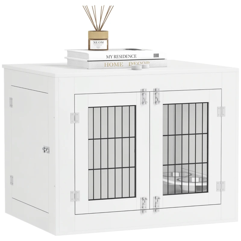 PawHut Cage pour chien intérieur caisse pour chien en bois 2 bols rotatifs à 360° 2 portes chien moyenne 80 x 60 x 63 cm blanc