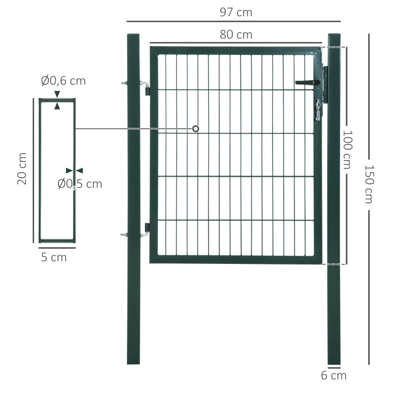 HOMCOM Portail de Jardin Portillon Porte de Jardin Porte de Cour en Acier Poignée Serrure et Clés 97 x 150 cm Vert