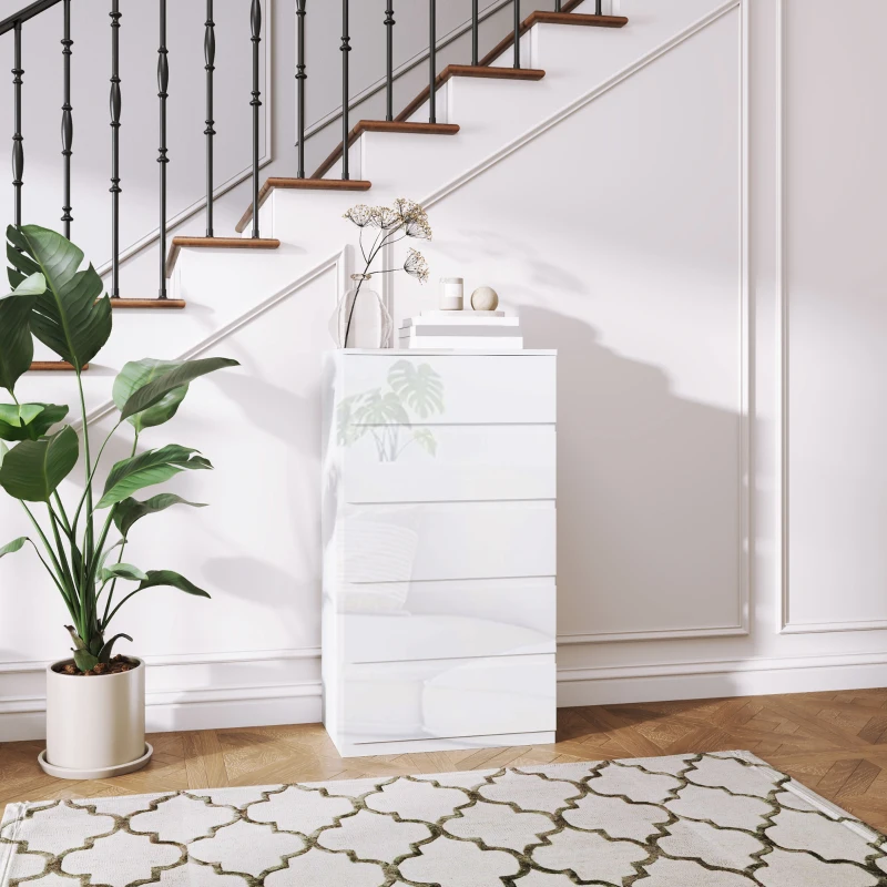 HOMCOM Commode Moderne 5 Tiroirs Anti-basculement en Bois, 55x33x100 cm, Blanc Brillant