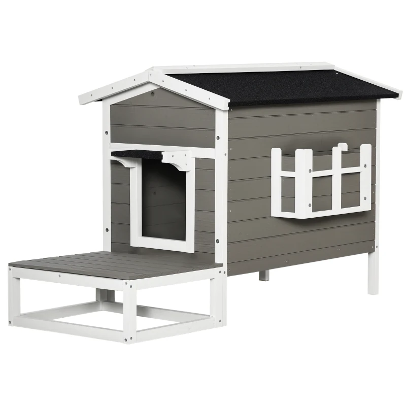 PawHut Katzenhaus aus Holz Winterfest wasserdicht Katzenhütte mit Asphaltdach Terrasse Katzenhöhle Katzenkiste Outdoor Schutzhütte für Draußen Garten Balkon 115 x 66,5 x 74,7 cm Grau+Weiß
