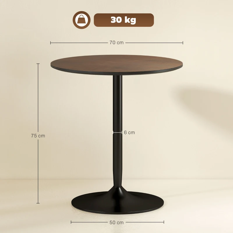 HOMCOM Mesa de comedor redonda 70 cm para 2 personas con tapa de chapado de madera maciza y base de acero marrón