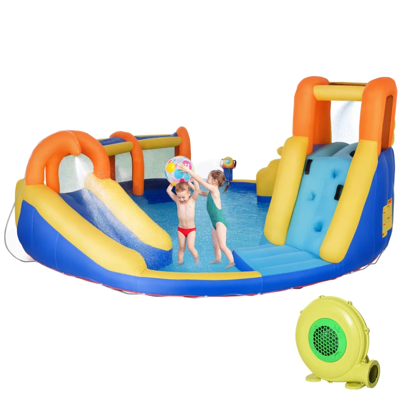 Outsunny Castelo Insuflável com 2 Escorregas 2 Trampolins e Piscina para Crianças acima de 3 Anos Inclui Inflador e Bolsa de Transporte para Interior Exterior 380x370x230cm Multicor
