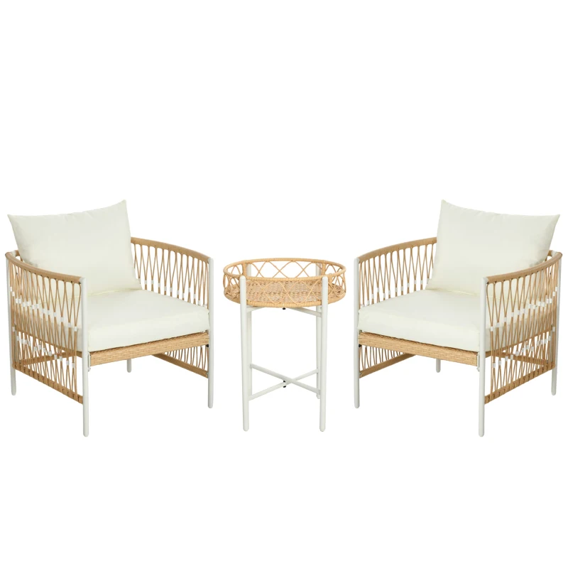 Outsunny Mobilier din 3 Piese pentru Terasă, Set din 2 Canapele și o Măsuță de Cafea pentru Exterior din Ratan, 72x66x64 cm, Crem