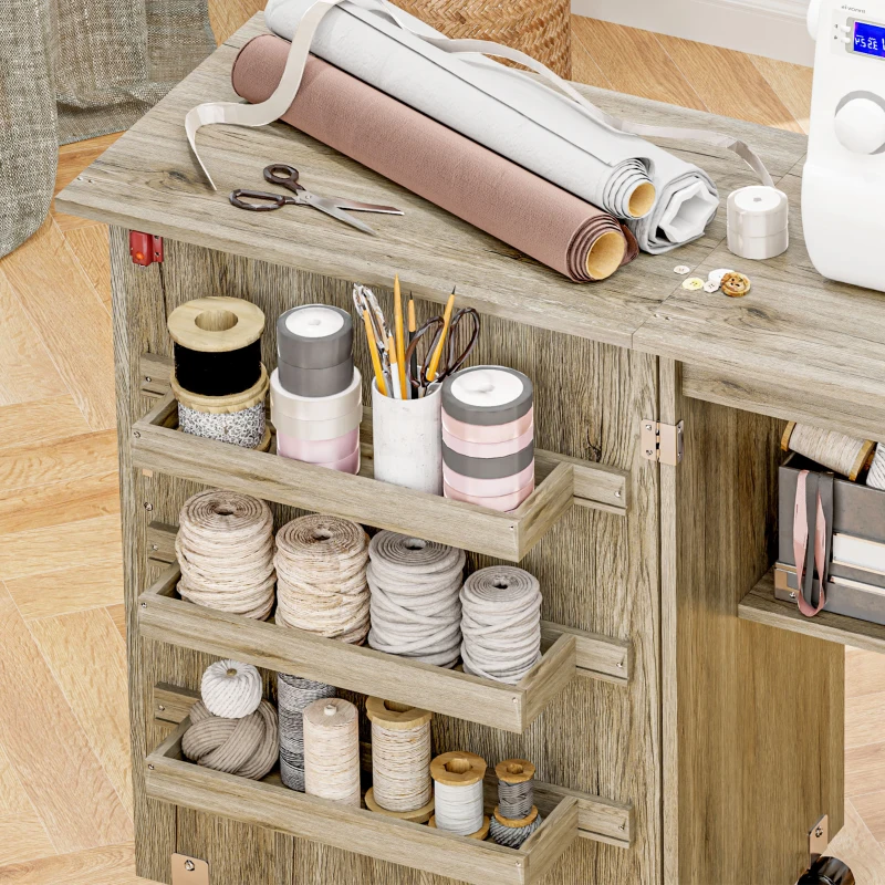 HOMCOM Tavolo da cucito pieghevole mobile da cucito a ribalta con contenitori, scaffale aperto e ruote effetto legno grigio