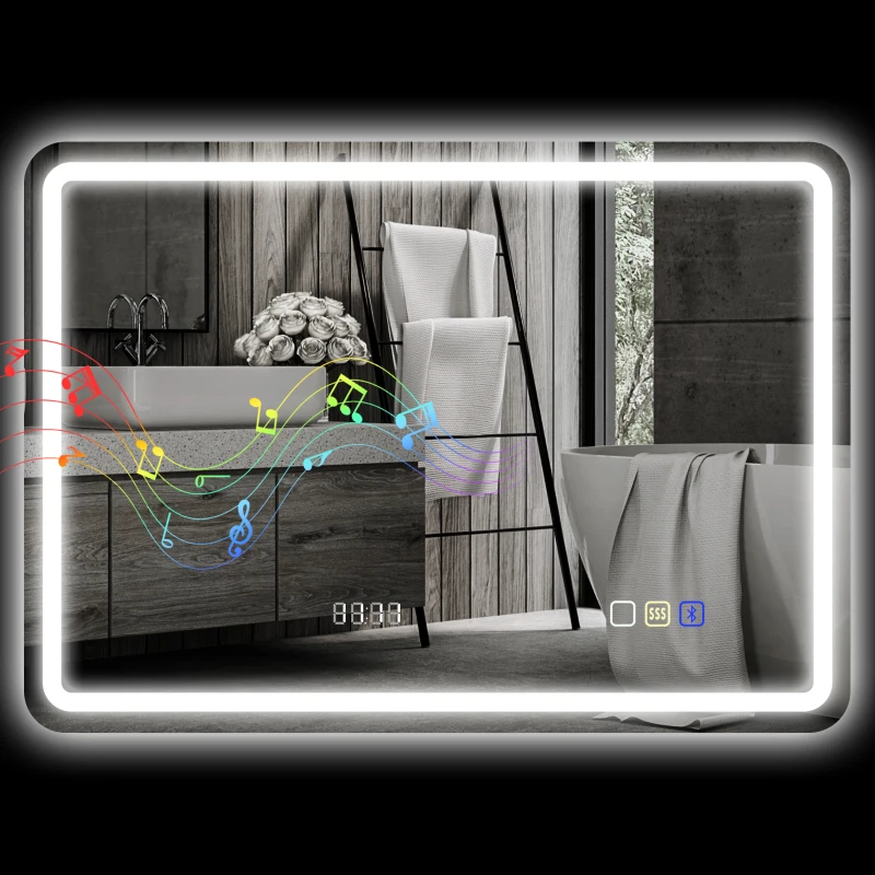 HOMCOM Miroir de Salle de Bains avec Lumière LED 70x50 cm avec Bluetooth 3 Couleurs de Lumière Horloge Numérique Fonction Anti-Buée Fonction de Mémoire