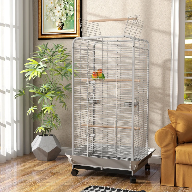 PawHut Cage pour Perroquets avec Roulettes Perchoirs Mangeoires et Plateau Amovible Volière pour Cacatoès Perruches 79x73x146 cm Gris clair