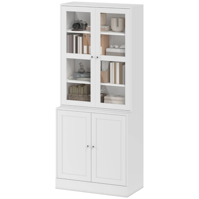 HOMCOM Modern Bookcase with Glass Doors, Display Storage Cabinet with Adjustable Shelves for Living Room, Study, Home Office, Kitchen Cupboard with Small Open Counter, White