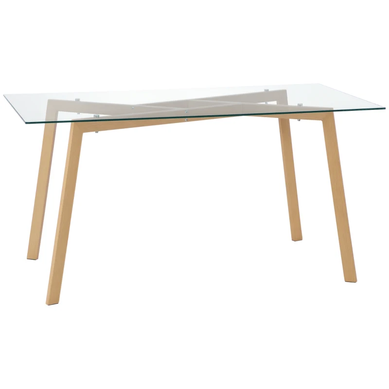 HOMCOM Mesa de Jantar para 6 Pessoas com Bancada de Vidro Temperado e Pés de Aço com Efeito de Madeira 150x75x76 cm Transparente e Madeira