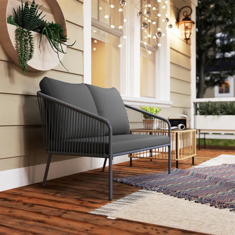 Outsunny Canapé de jardin avec coussins 2 places Canapé en rotin Lounge extérieur canapé de balcon 112 x 72 x 76 cm gris
