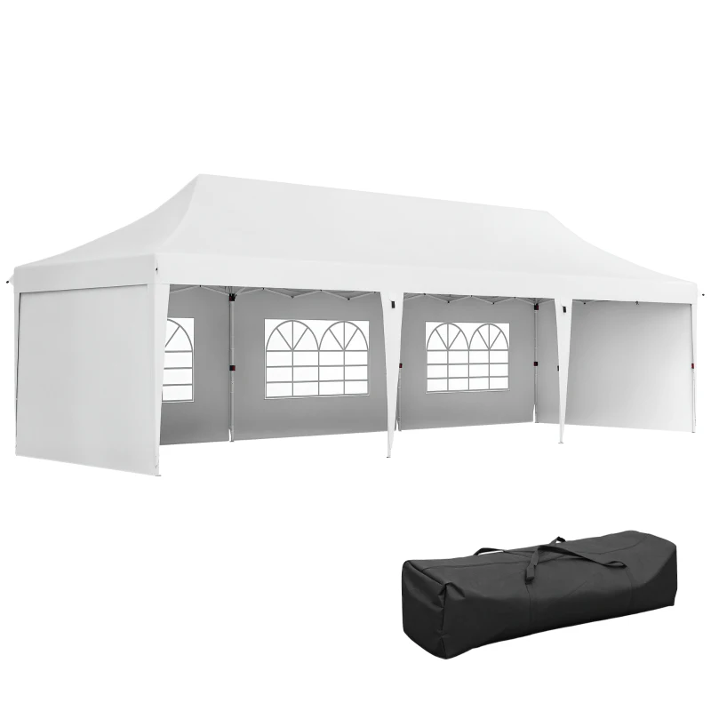 Outsunny Carpa Plegable 9x3x3 m con Altura Ajustable Paredes Laterales Ventanas Protección UV50+ y Bolsa de Transporte Blanco