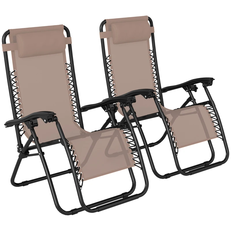 Outsunny Zero Gravity Chair Set of 2, Metal Frame Texteline Armchair Outdoor Folding and Reclining Sun Lounger with Head Pillow for Patio Decking Gardens Camping, Beige