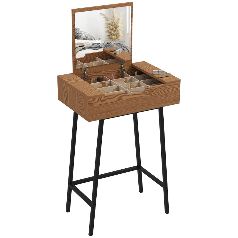 HOMCOM Table de Maquillage avec Miroir Pliable et 16 Compartiments de Style Industriel, Bois et Acier, 60x40x90 cm