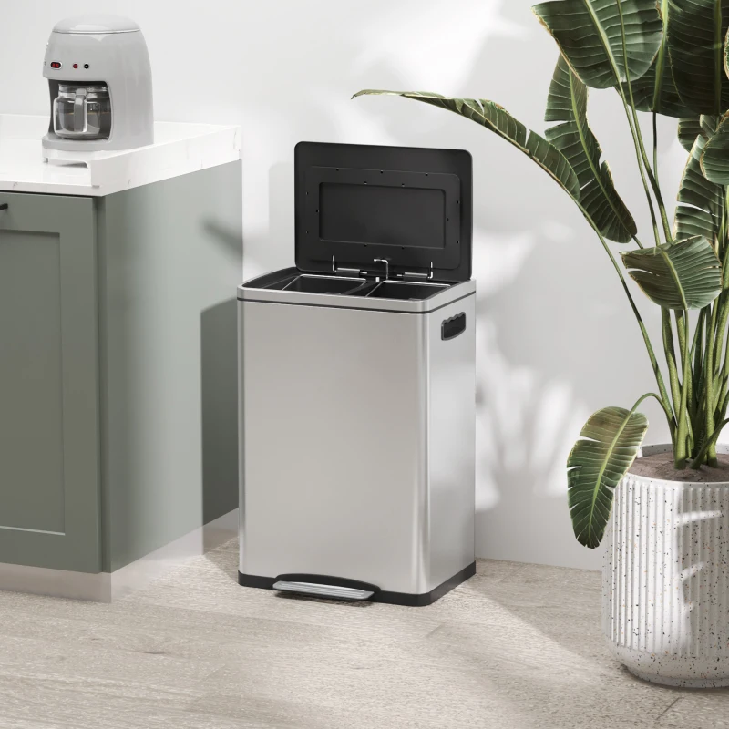 HOMCOM Poubelle, conteneur à déchets avec couvercle et pédale, acier inoxydable, 2x 20 litres, Argent