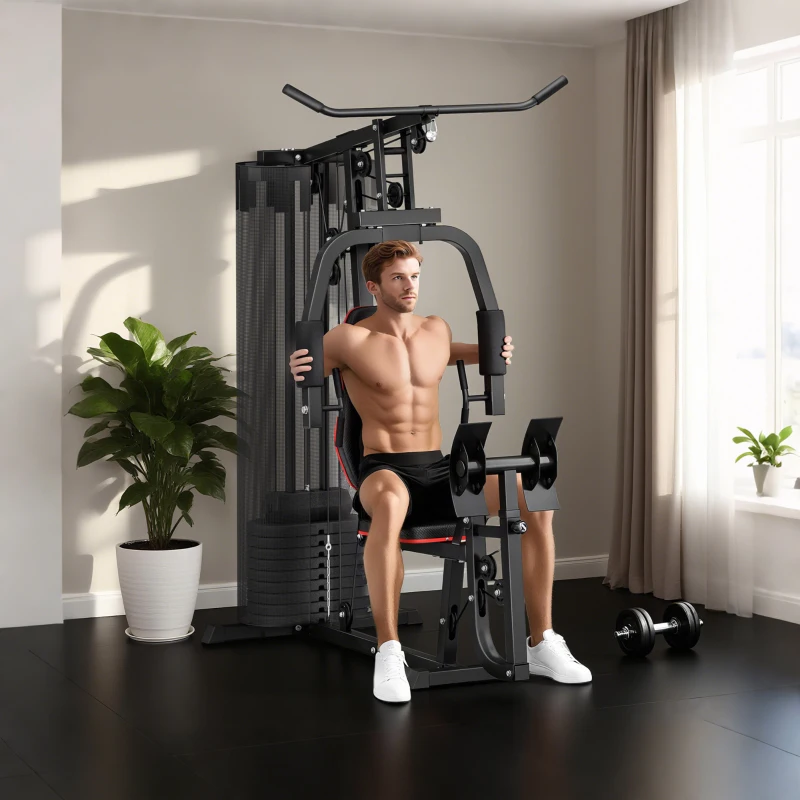 SPORTNOW Heim-Fitnessstation mit 45 kg Gewichtsblöcken, Hochseilzug, Bruststation, Beinpresse für vielseitiges Training(m-9)