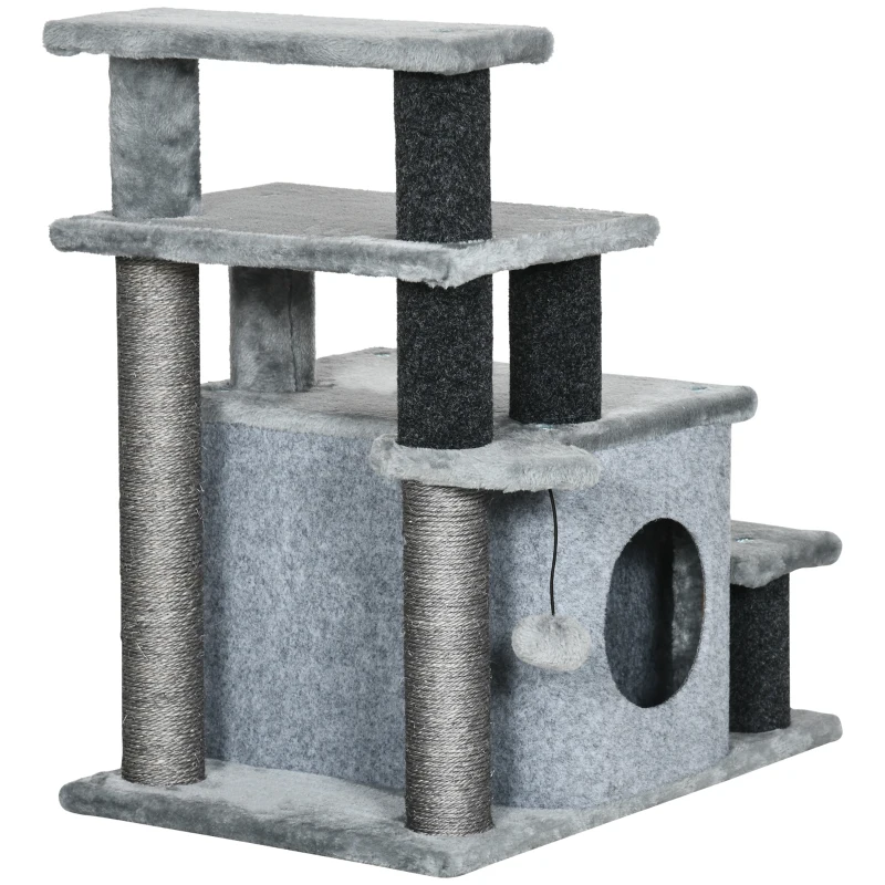 PawHut Escalier pour chat arbre à chat hauteur ajustable 3 ou 4 marches avec niche balle suspendue - 60 x 40 x 66 cm - gris