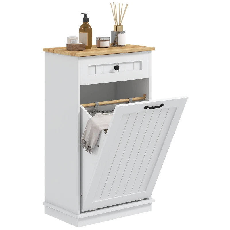 HOMCOM Mobile Bagno en Bois avec Panier à Linge en Tissu Basculant et Tiroir, Blanc(m-5)