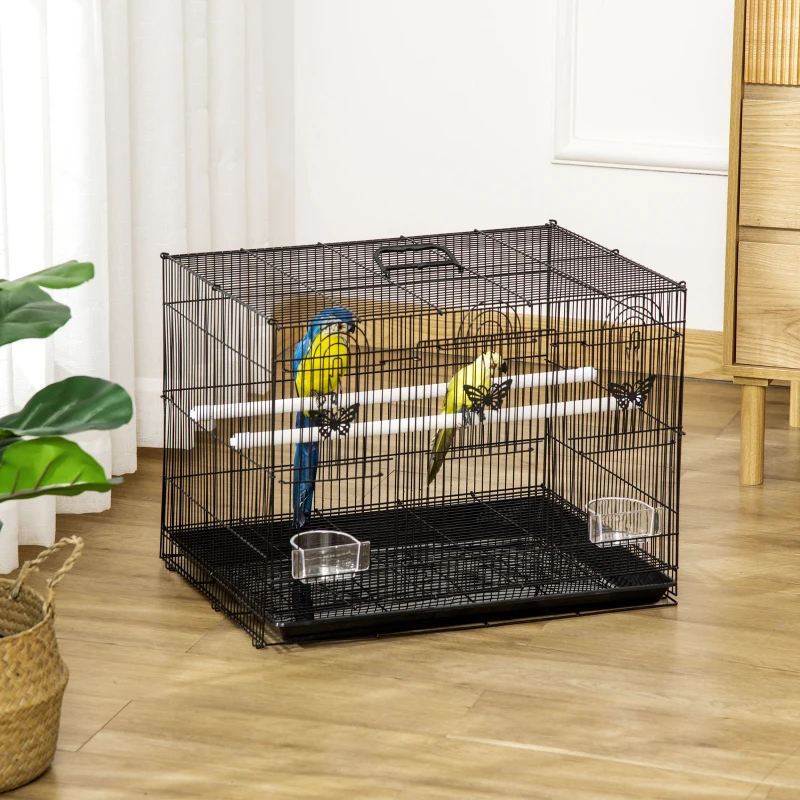 PawHut Cage pour Oiseaux avec 2 Perchoirs et 3 Entrées en Fil Métallique et Plastique, 60x41x41 cm, Noir