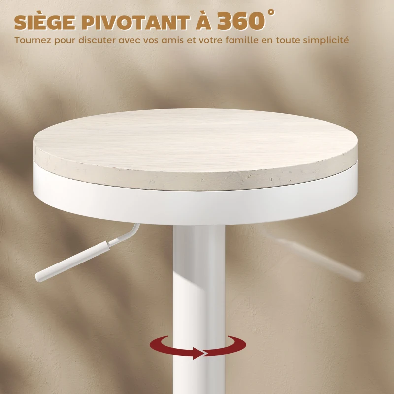 HOMCOM Lot de 2 tabourets de bar, chaises de bar pivotantes avec assise en hévéa, hauteur réglable et repose-pieds, blanc