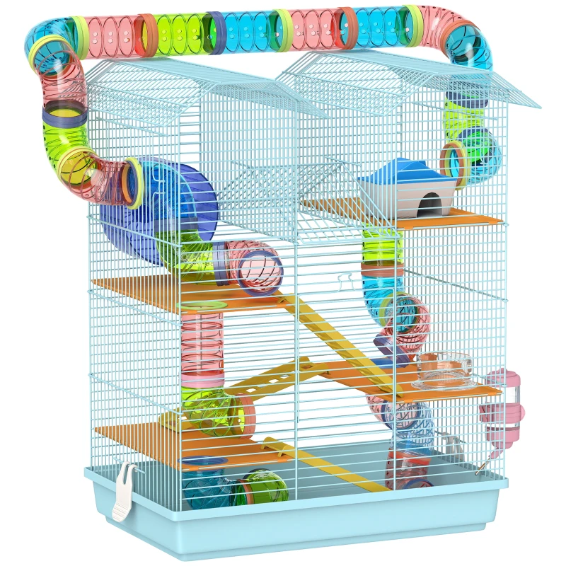 PawHut Cage pour Hamsters à 5 Étages avec Tubes Colorés, Roue, Maison et Accessoires, 47x30x59 cm, Bleu