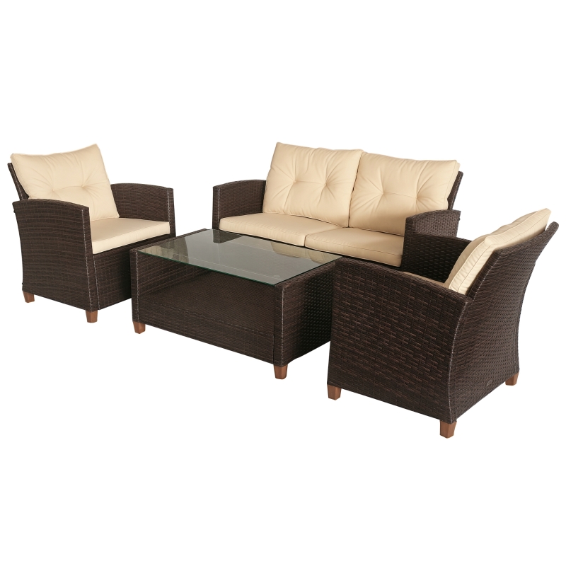 Outsunny Gartenmöbel-Set, 4-tlg., 3 Sofas, Beistelltisch, Sitzkissen, Alurahmen, Kunstrattan, Beige