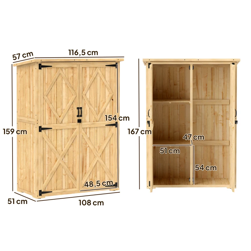 Outsunny Abri de rangement pour jardin, cabane en bois pour outils et équipements de jardin, toit en asphalte, doubles portes, bois de sapin, Brun clair
