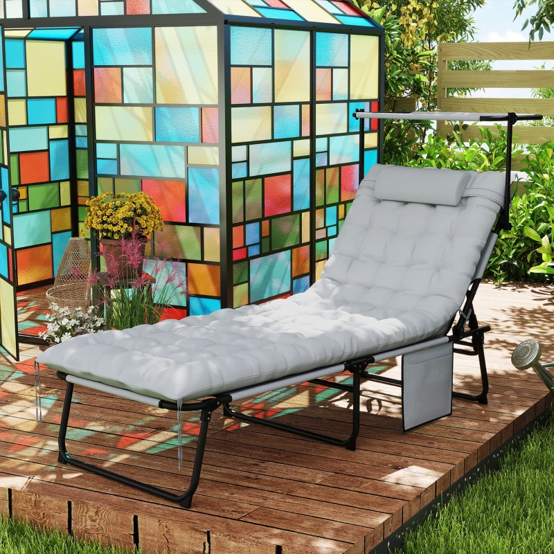 Outsunny Chaise longue pliable avec auvent, Matelas de jardin, Chaise longue avec dossier ajustable en 4 positions Gris clair