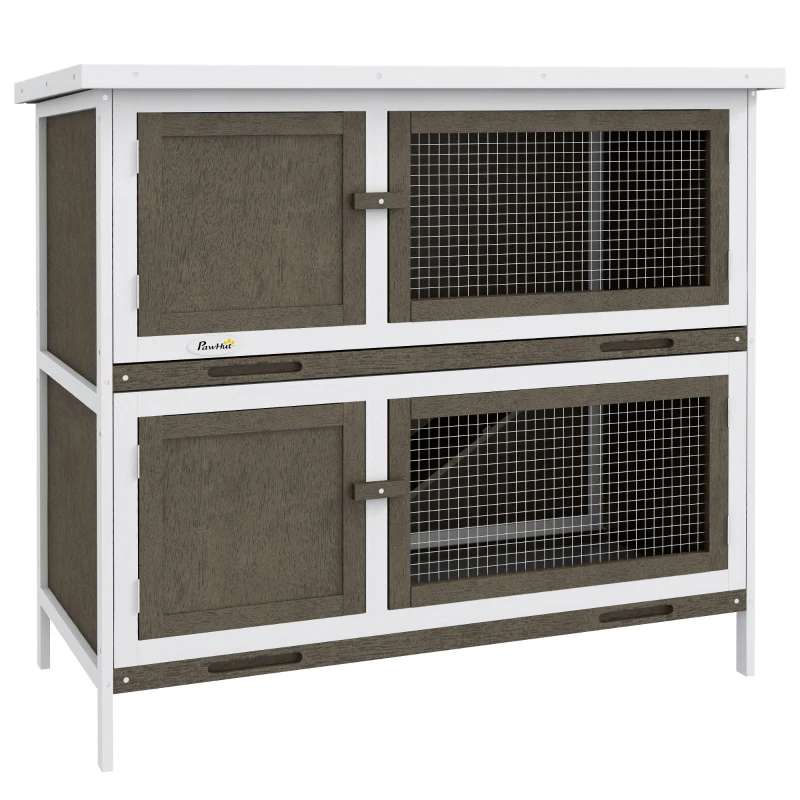 PawHut Conejera de Madera Jaula para Conejos de 2 Pisos 97x44x91 cm Techo Asfáltico Puertas Bandejas Extraíbles Marrón