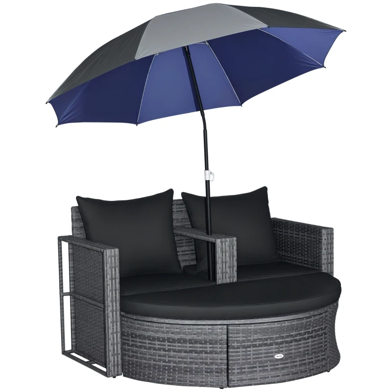 Outsunny Ensemble de salon de jardin 2 pièces en résine tressée - canapé 2 places avec coussins + parasol + repose-pieds - gris